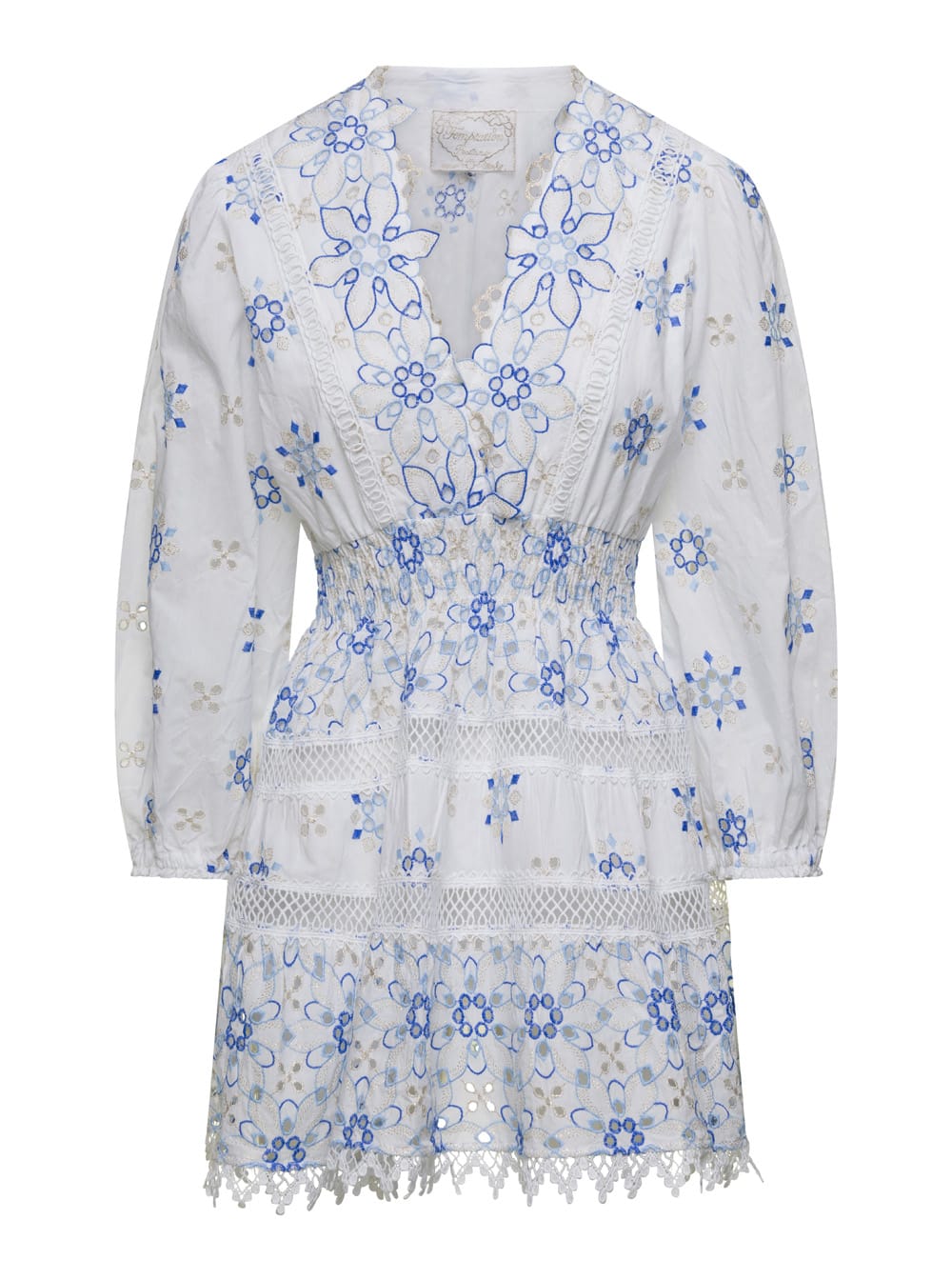 Temptation Positano Mini White Dress With V-neckline And Blue Flower Embroideries In Cotton Lace Woman