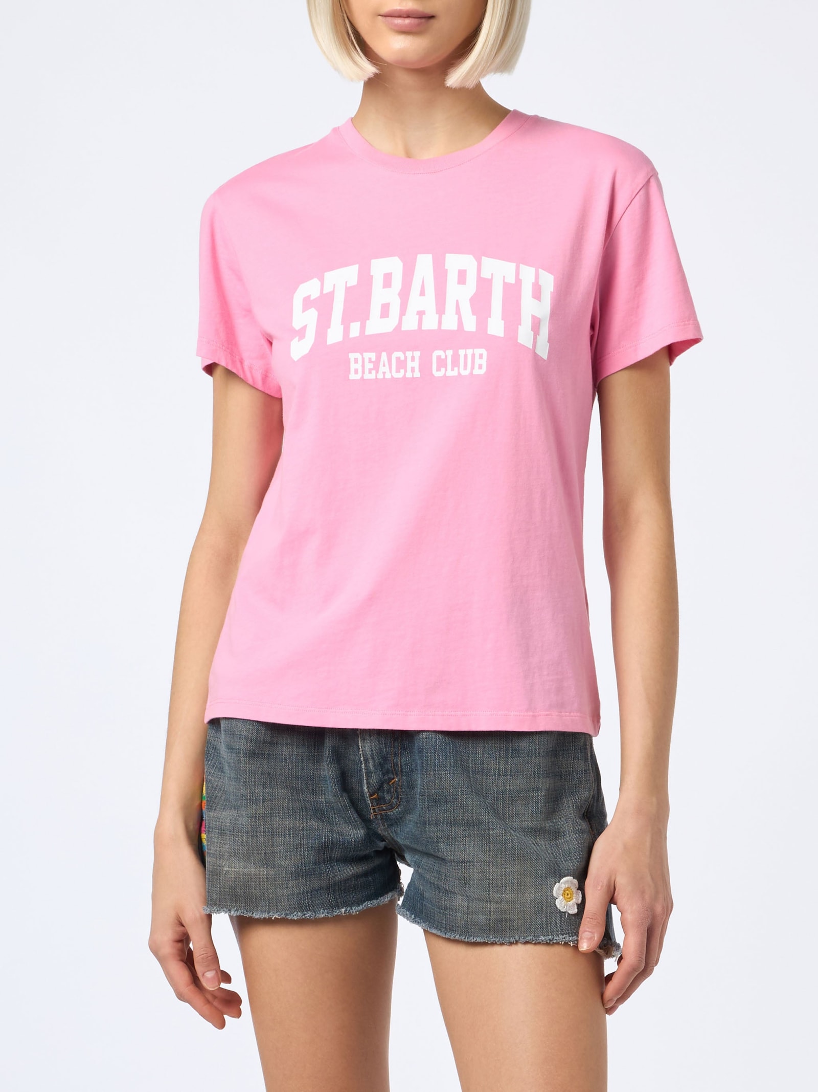 MC2 Saint Barth Woman Cotton Jersey Crewneck T-shirt Emilie With Saint Barth Beach Club Print