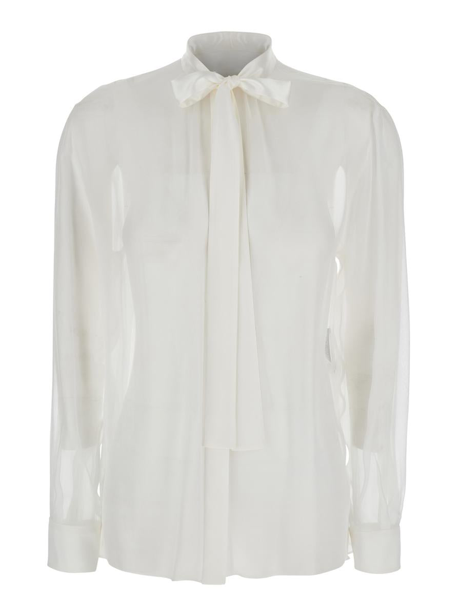 White Shirt With Pussy-Bow Collar In Silk Woman