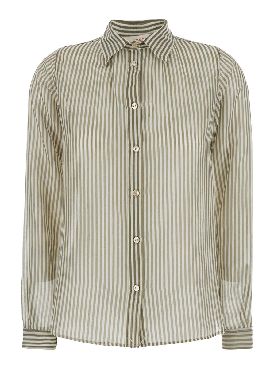 Green Shirt With Classic Collar And All-Over Striped Motif In Mixed Cotton And Silk Woman