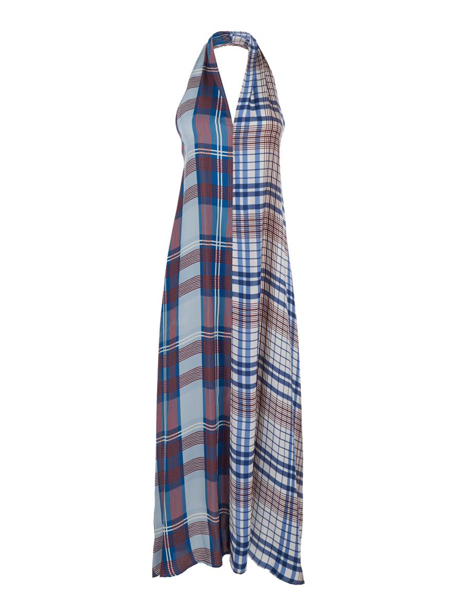 Multicolor Sleeveless Dress With Halterneck And All-Over Check Motif In Viscose Woman