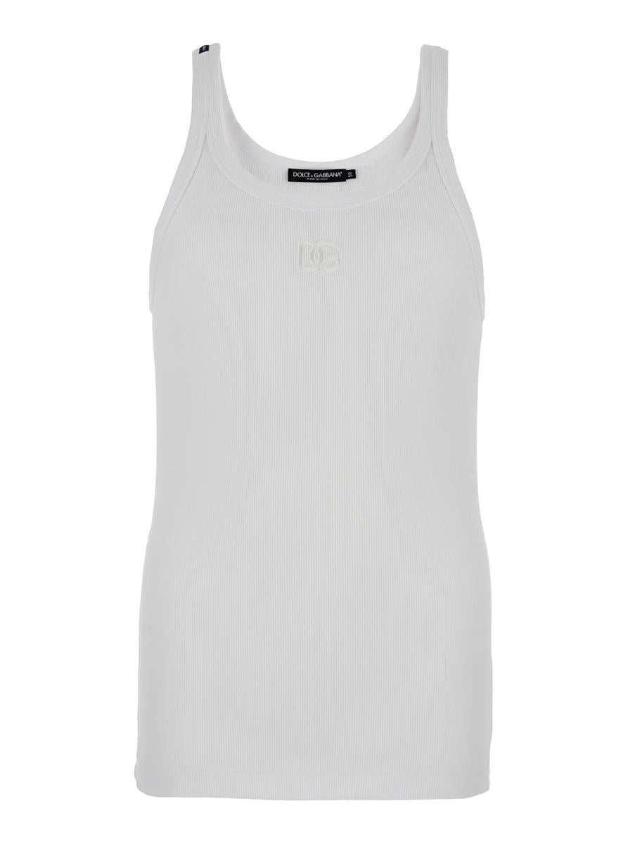 White Sleeveless Top With Logo Embroidery On The Front And Ribbed Knit In Cotton Man