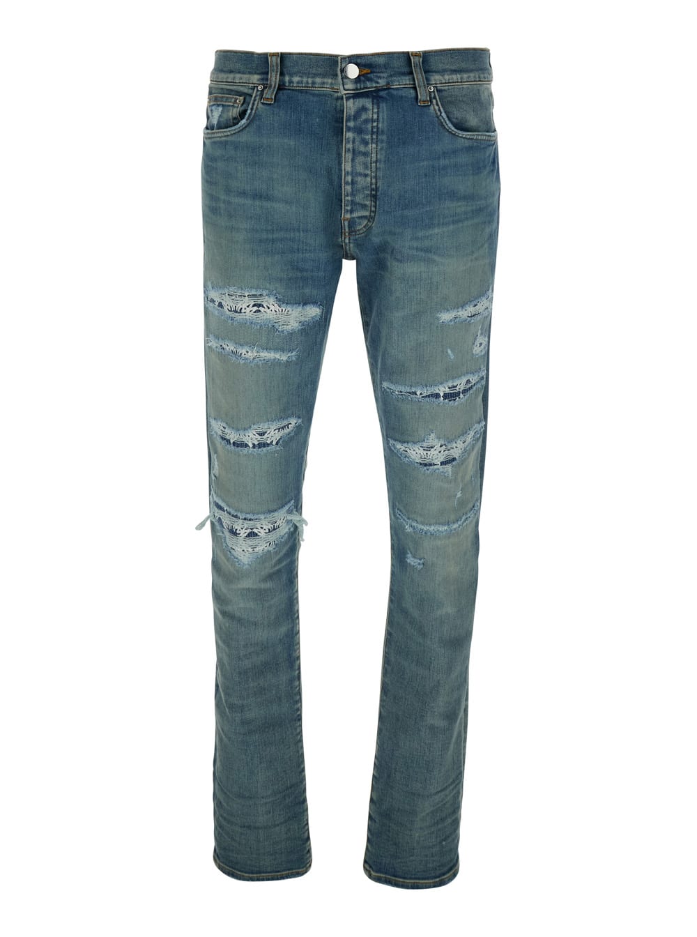 AMIRI Blue ma Quand Jeans With Ripped Details On The Front And Logo Patch On The Rear In Denim Man