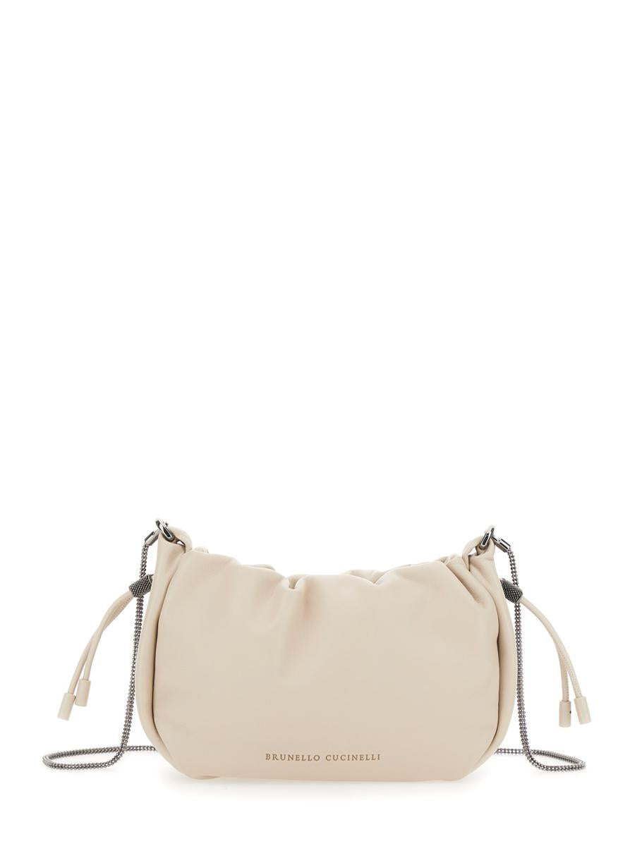 'Mellow' Beige Crossbody Bag With Drawstring Closure And Chain Shoulder Strap In Leather Woman