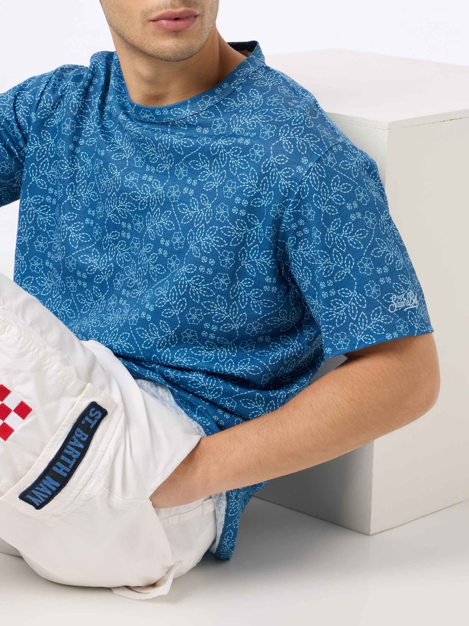 MC2 Saint Barth Man Blue Linen Jersey T-shirt Ecstasea With Sashiko Print