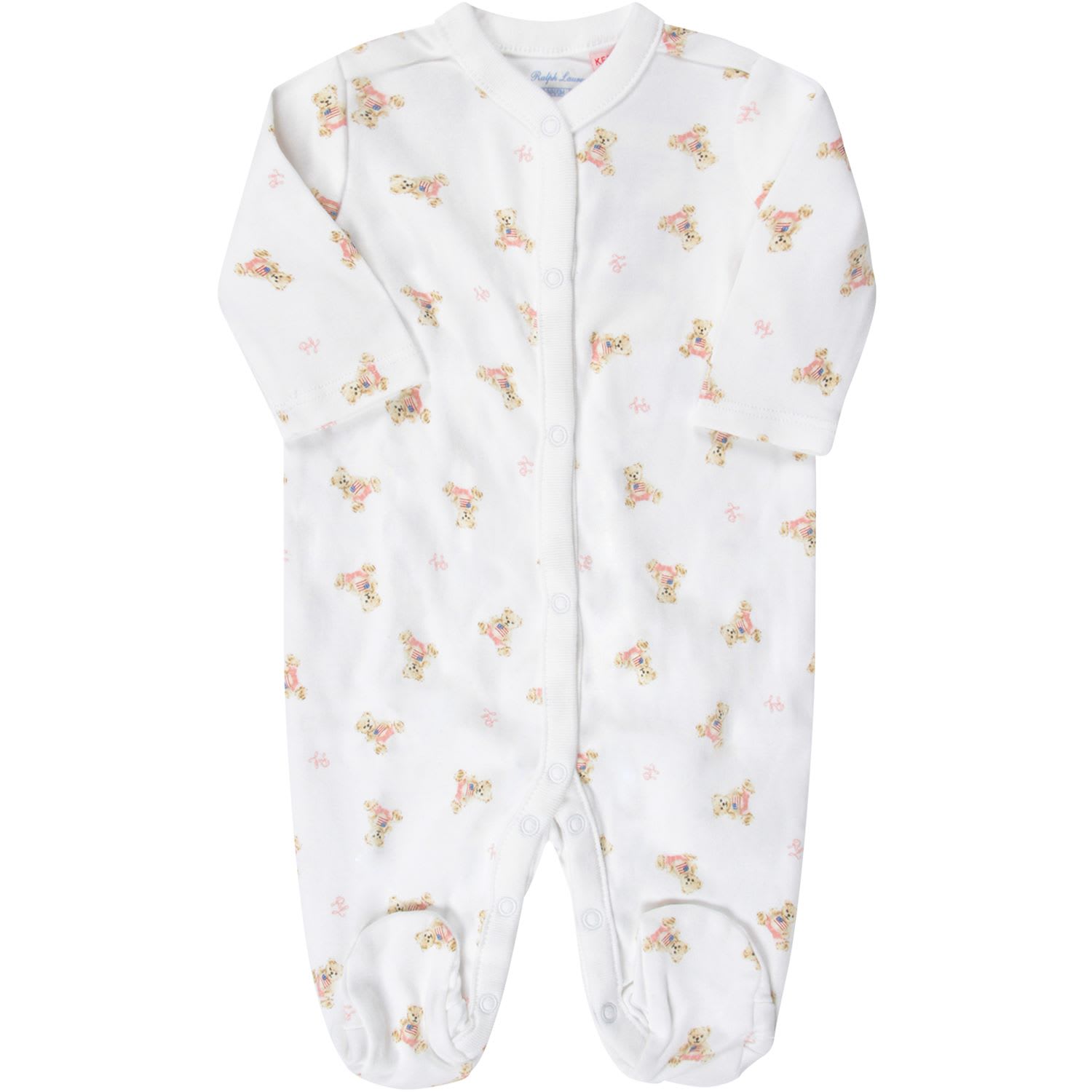 Ralph Lauren White Babygrow For Baby Girl With Pink Logo And Teddy Bear