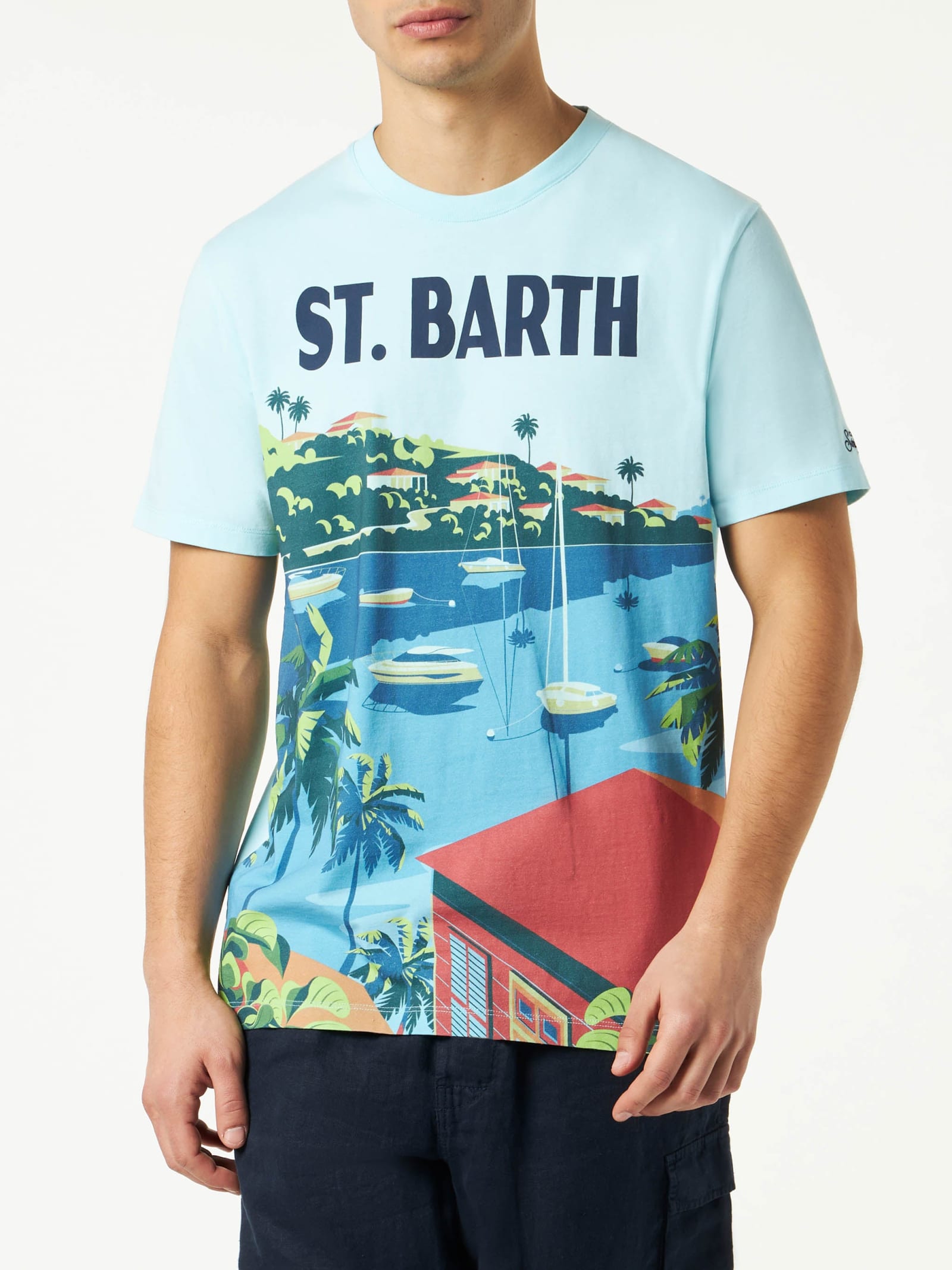 MC2 Saint Barth Man Cotton T-shirt With Saint Barth Postcard Print