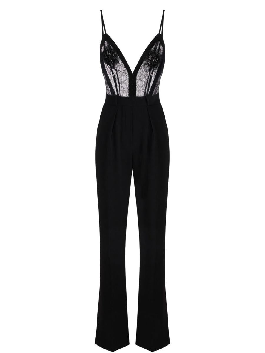 Elisabetta Franchi Black Jumpsuit With Deep Neckline And Lace Detail On The Front
