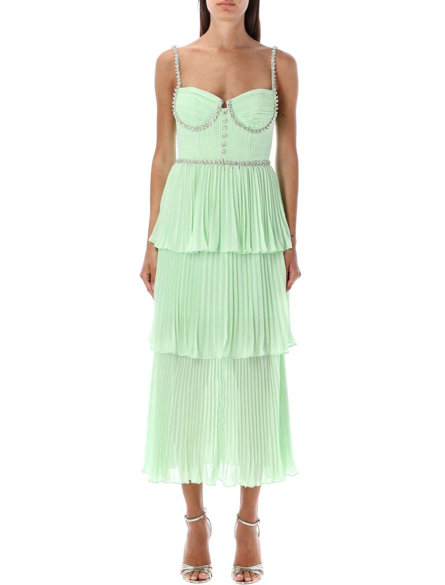 Self-Portrait Green Tiered Diamante Chiffon Midi Dress