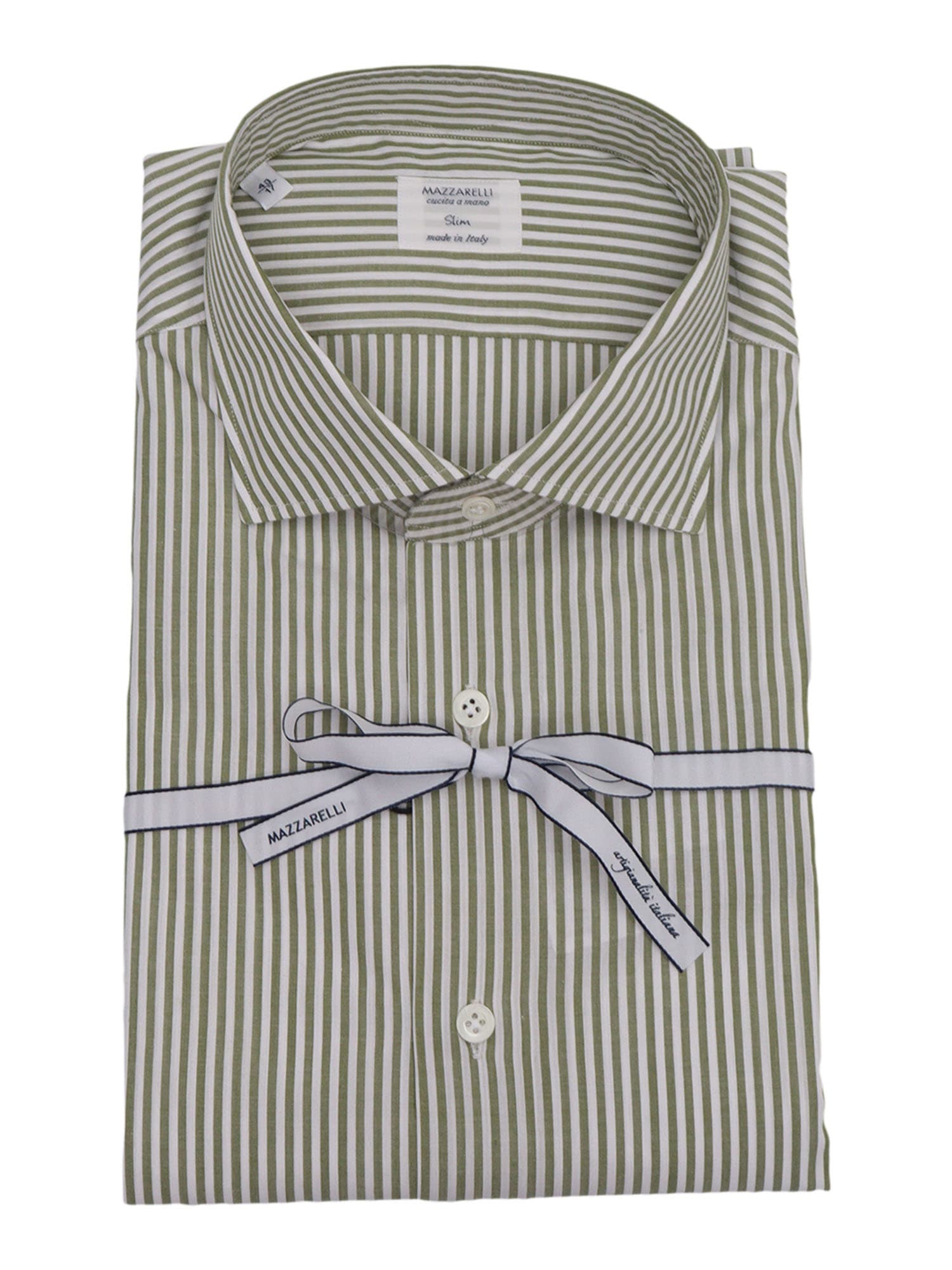 Mazzarelli 100% Cotton Striped Slim Fit Shirt In Green And White
