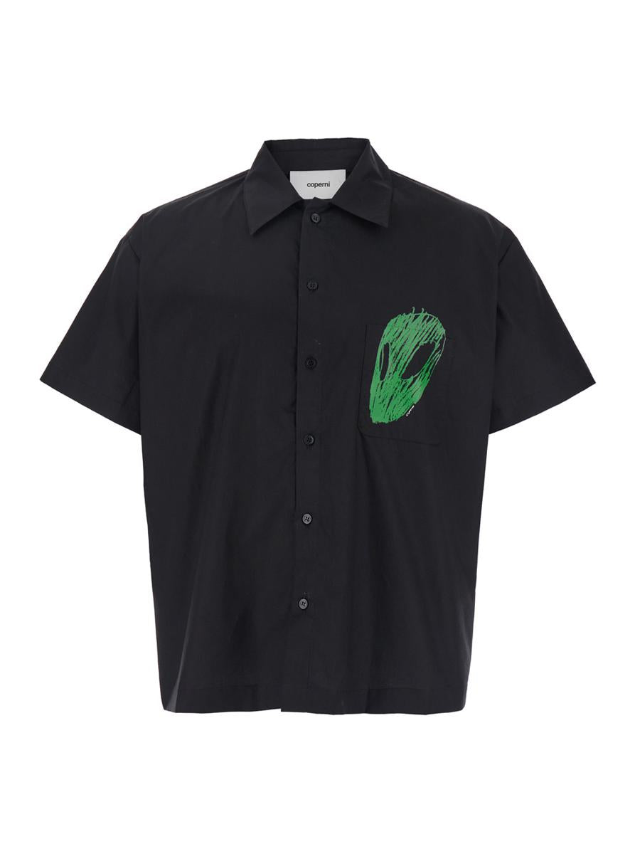 Black Shirt With Classic Collar And Print On The Front In Cotton Man