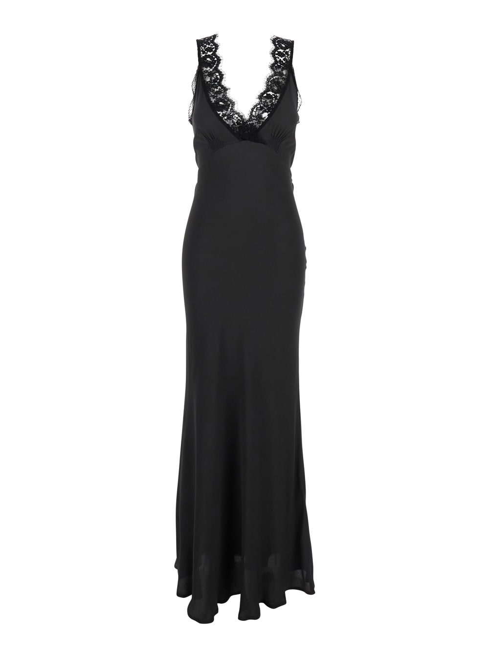 SEMICOUTURE Black Long Dress With V-neckline And Lace Inserts In Silk Blend Woman