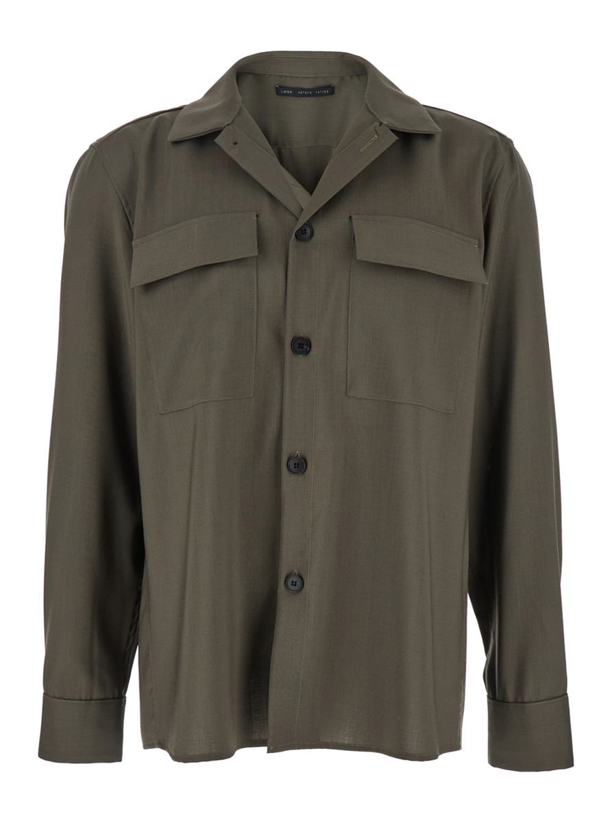 Green Shirt With Classic Collar And Applied Pockets On The Front In Fabric Man