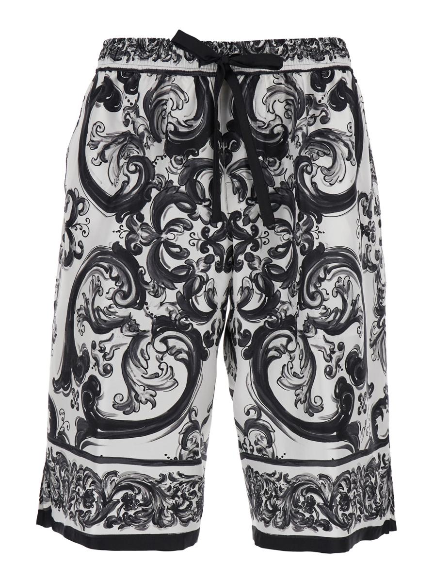 'Maiolica' Black And White Shorts With Elastic Drawstring Closure And All-Over Print In Silk Man