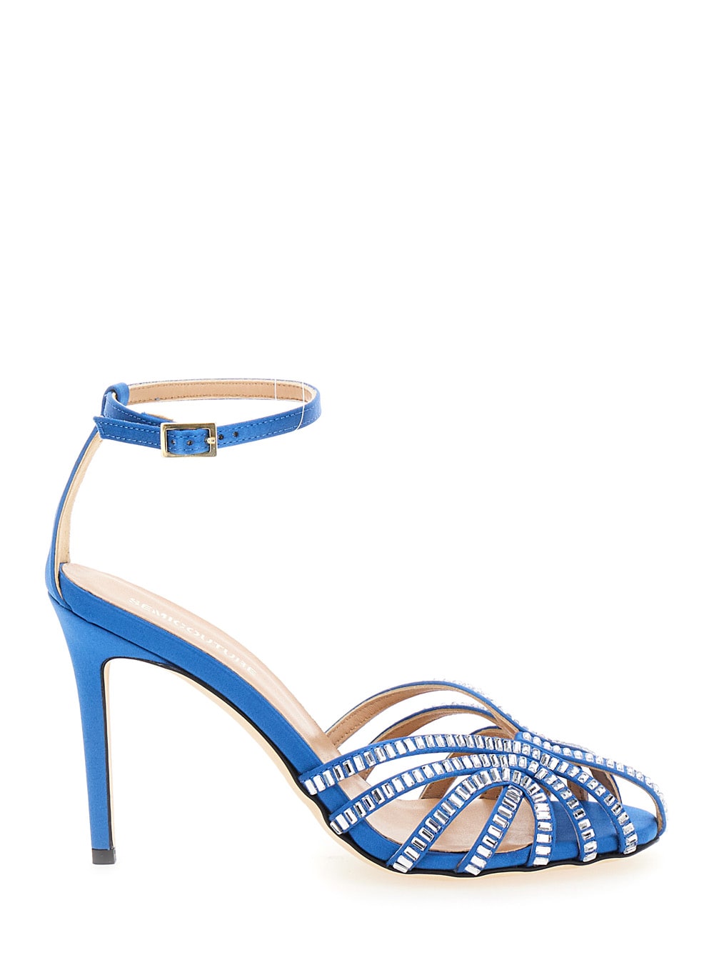 SEMICOUTURE Light Blue Sandals With Baguette Rhinestones In Satin Woman