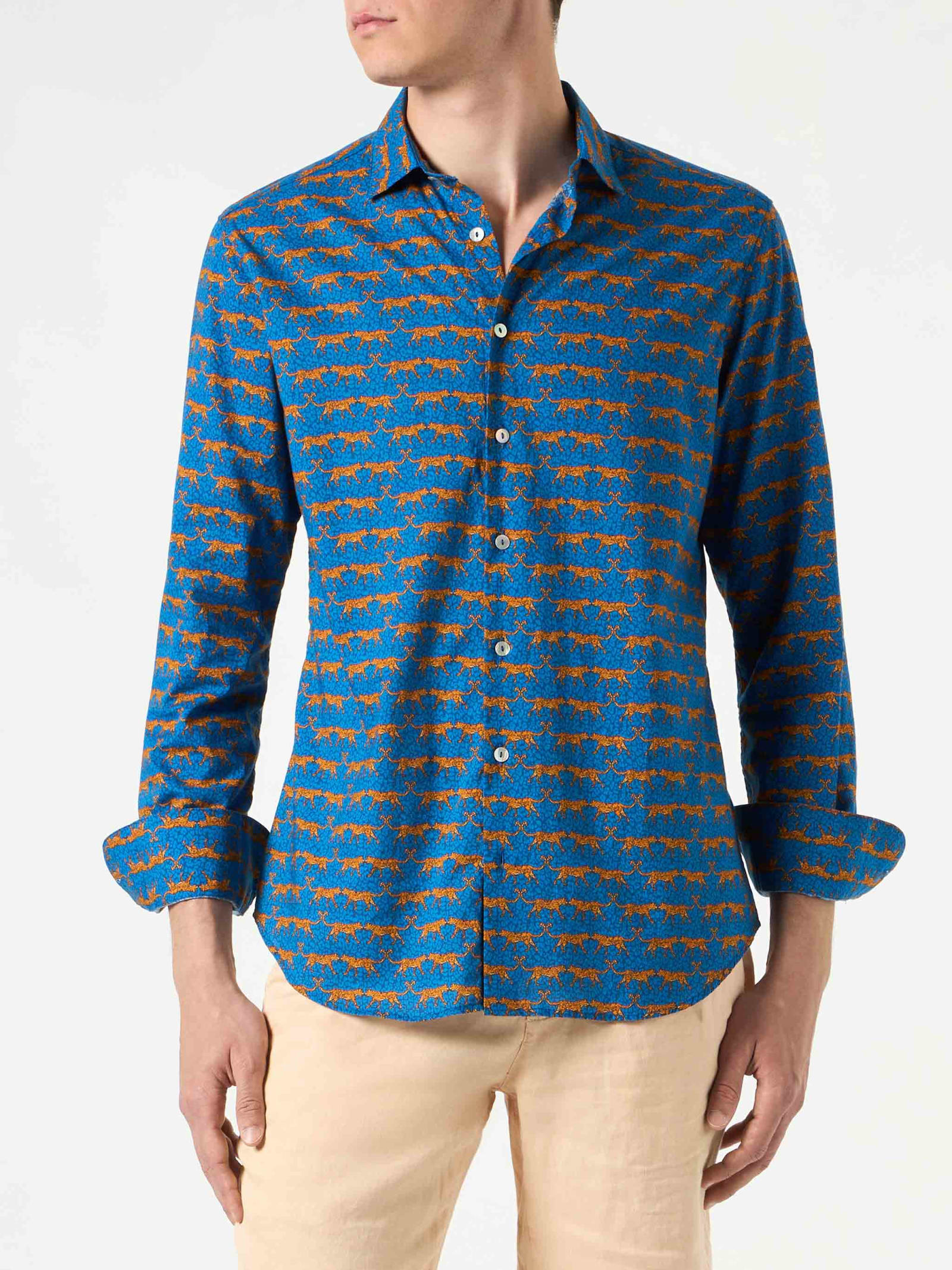 MC2 Saint Barth Man Muslin Cotton Sikelia Shirt With Wild Cat Print