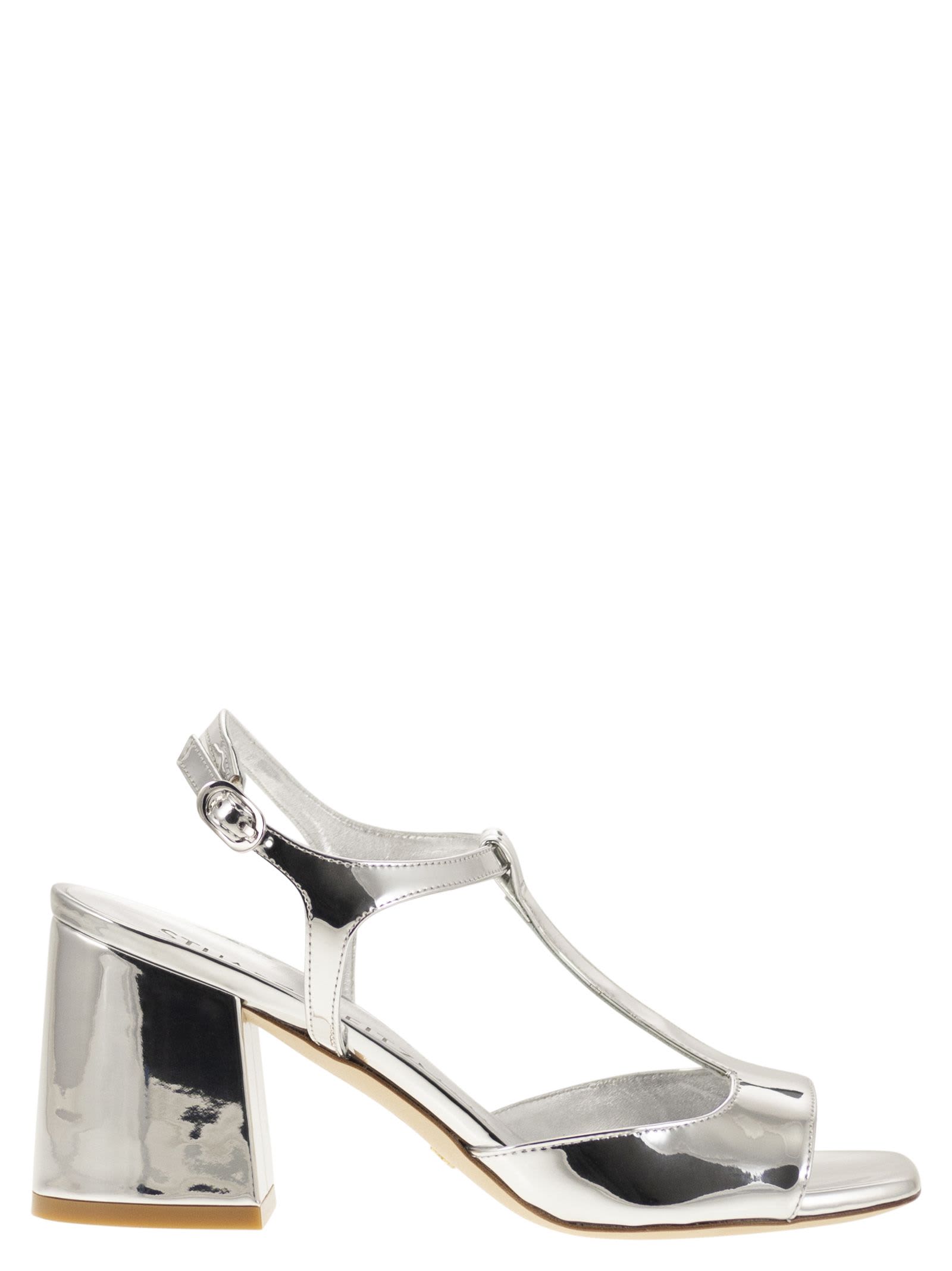 Stuart Weitzman Flareblock - Mirrored Leather T-sandal