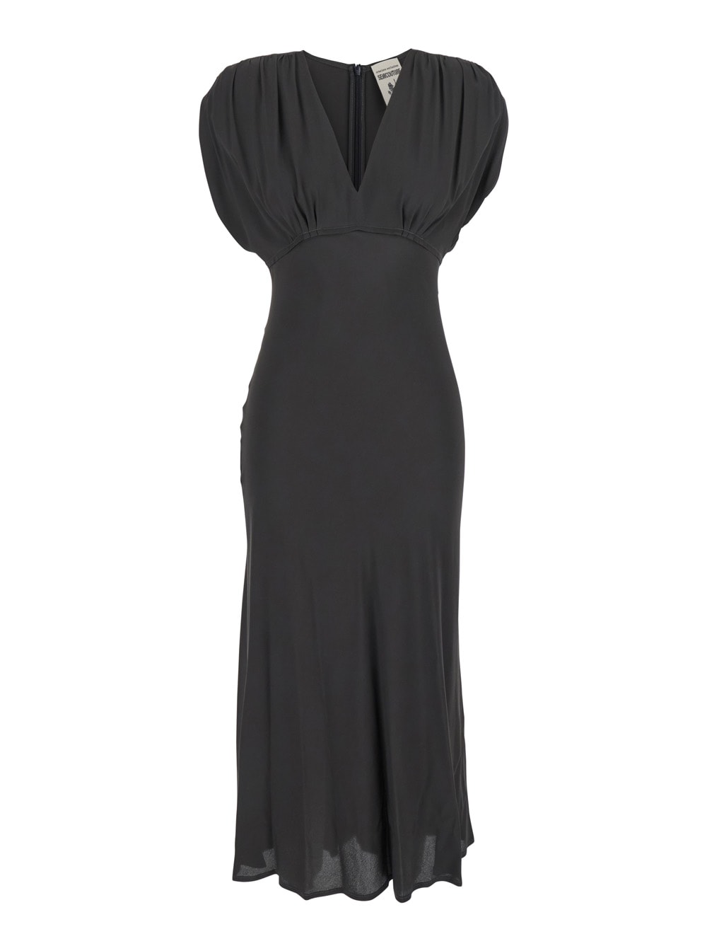 SEMICOUTURE Black Long Dress With V-neck And Ruching On The Shoulders In Silk Blend Woman