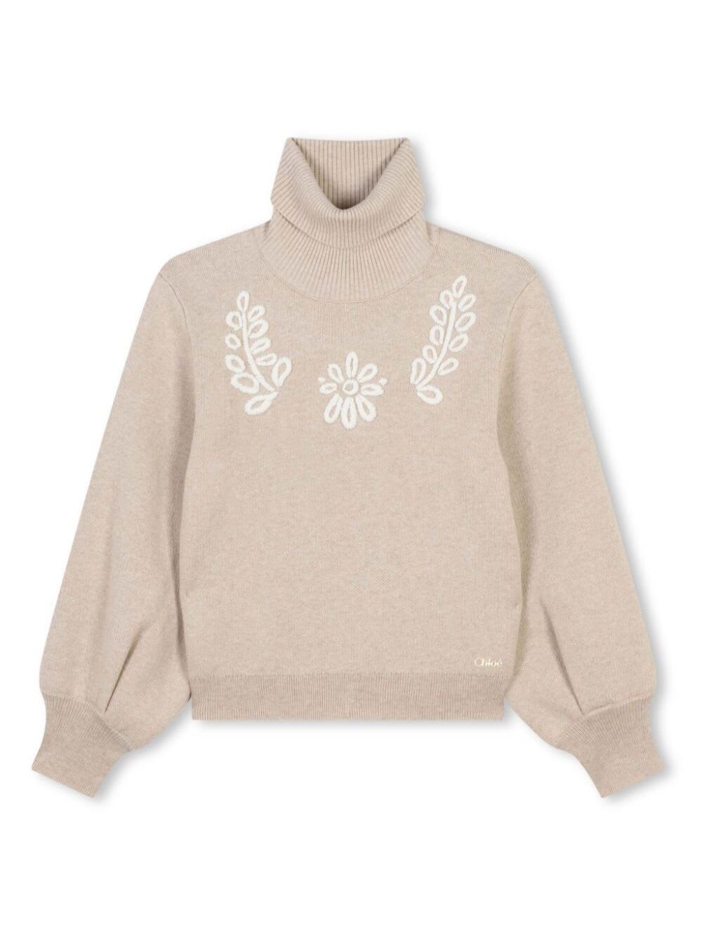 Chloé Beige High Neck Sweater With Embroideries In Cotton And Wool Girl