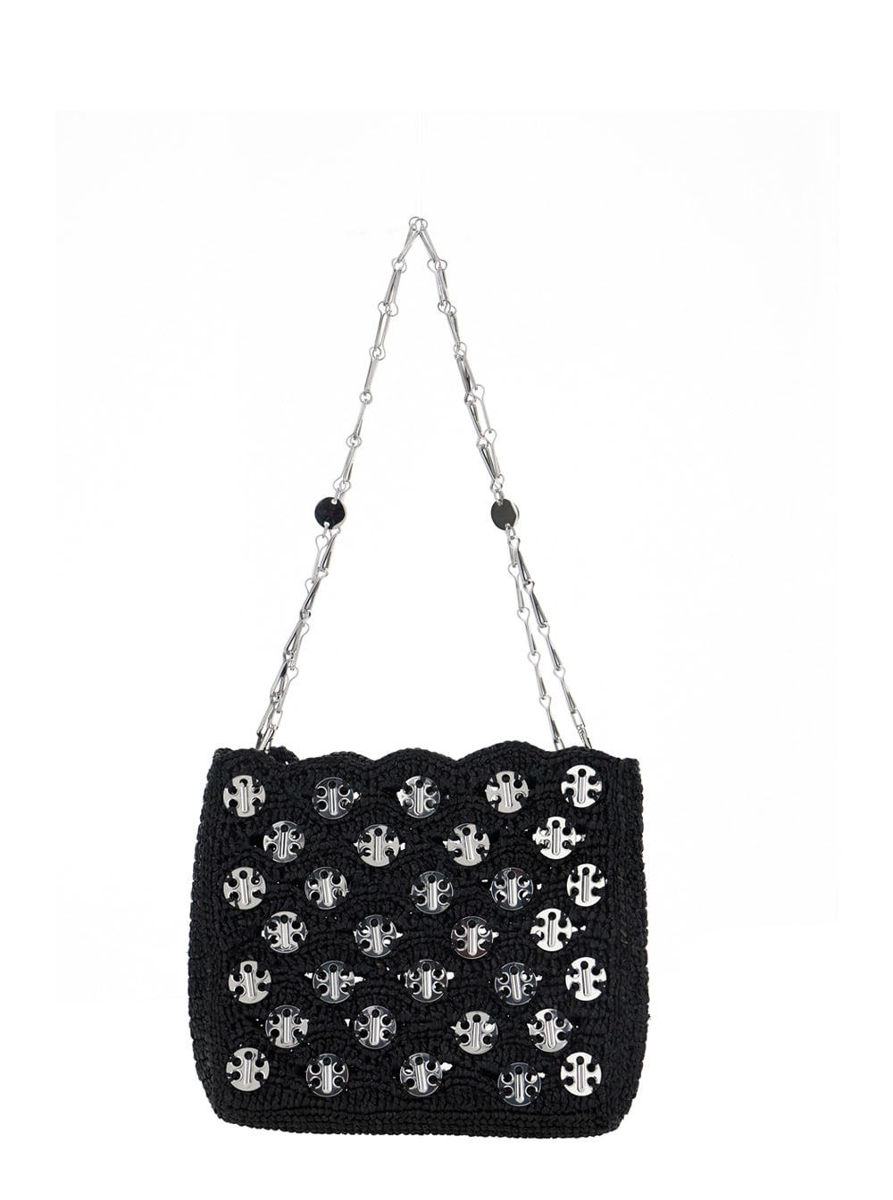 Paco Rabanne iconic 1969 Black Shoulder Bag With Embedded Metallic Discs In Raphia Woman