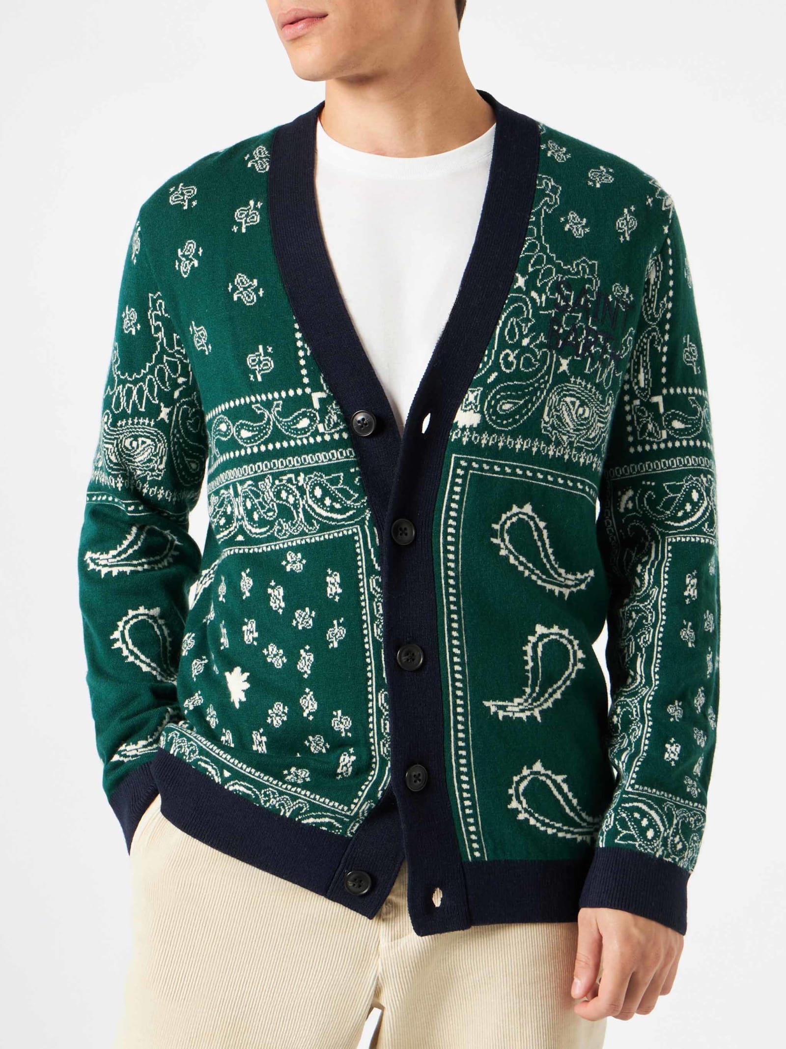 MC2 Saint Barth Bandanna Dark Green Knitted Cardigan With Saint Barth Embroidery