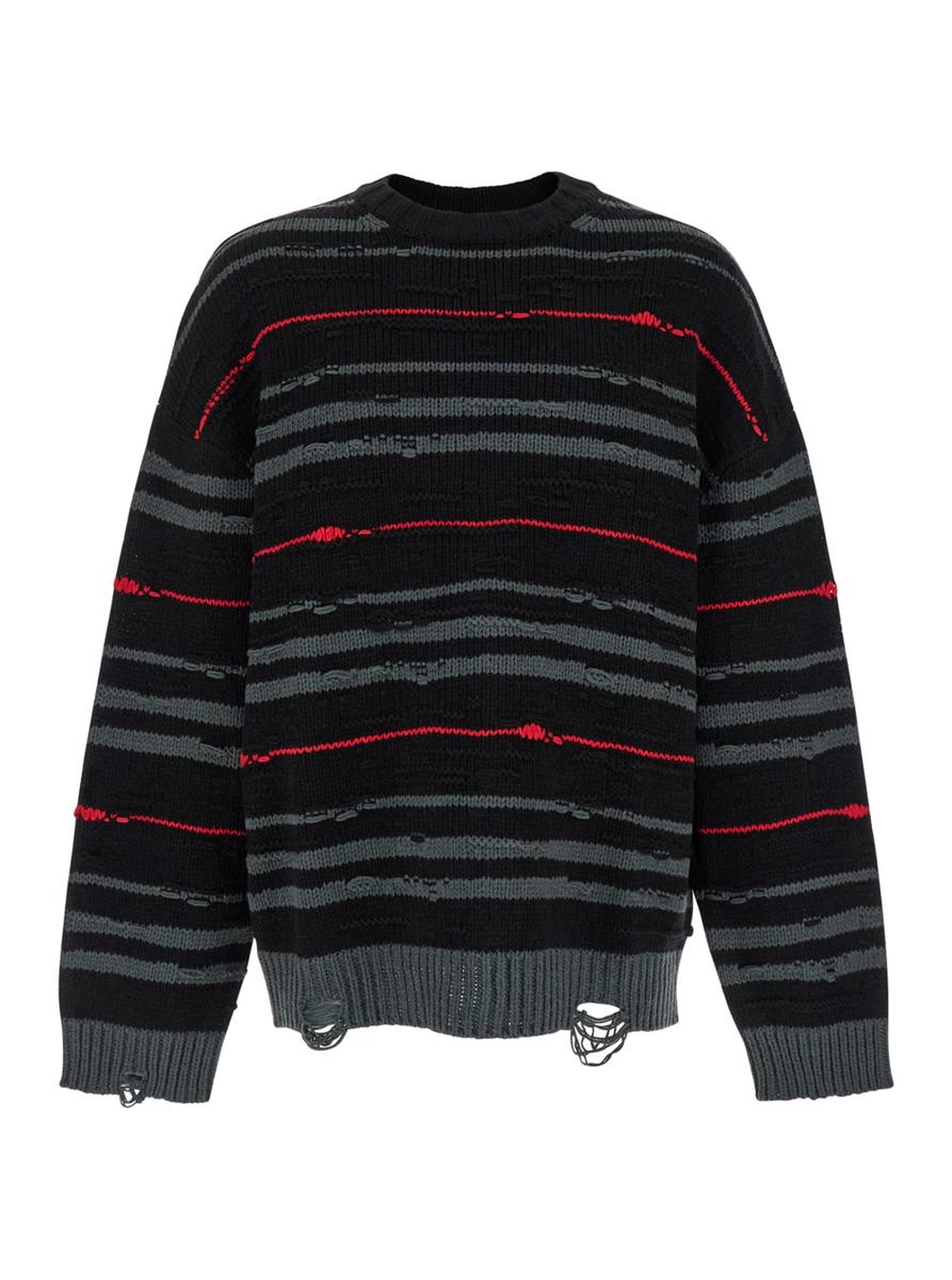 Multicolor Striped Sweater With Used Effect In Wool Man