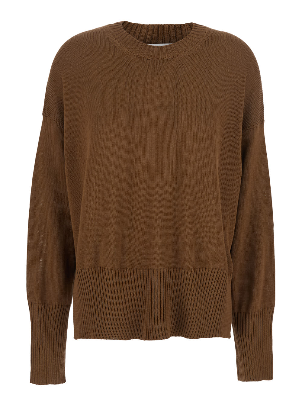 Mauro Grifoni Brown Crewneck Sweater With Ribbed Trims In Cotton Woman