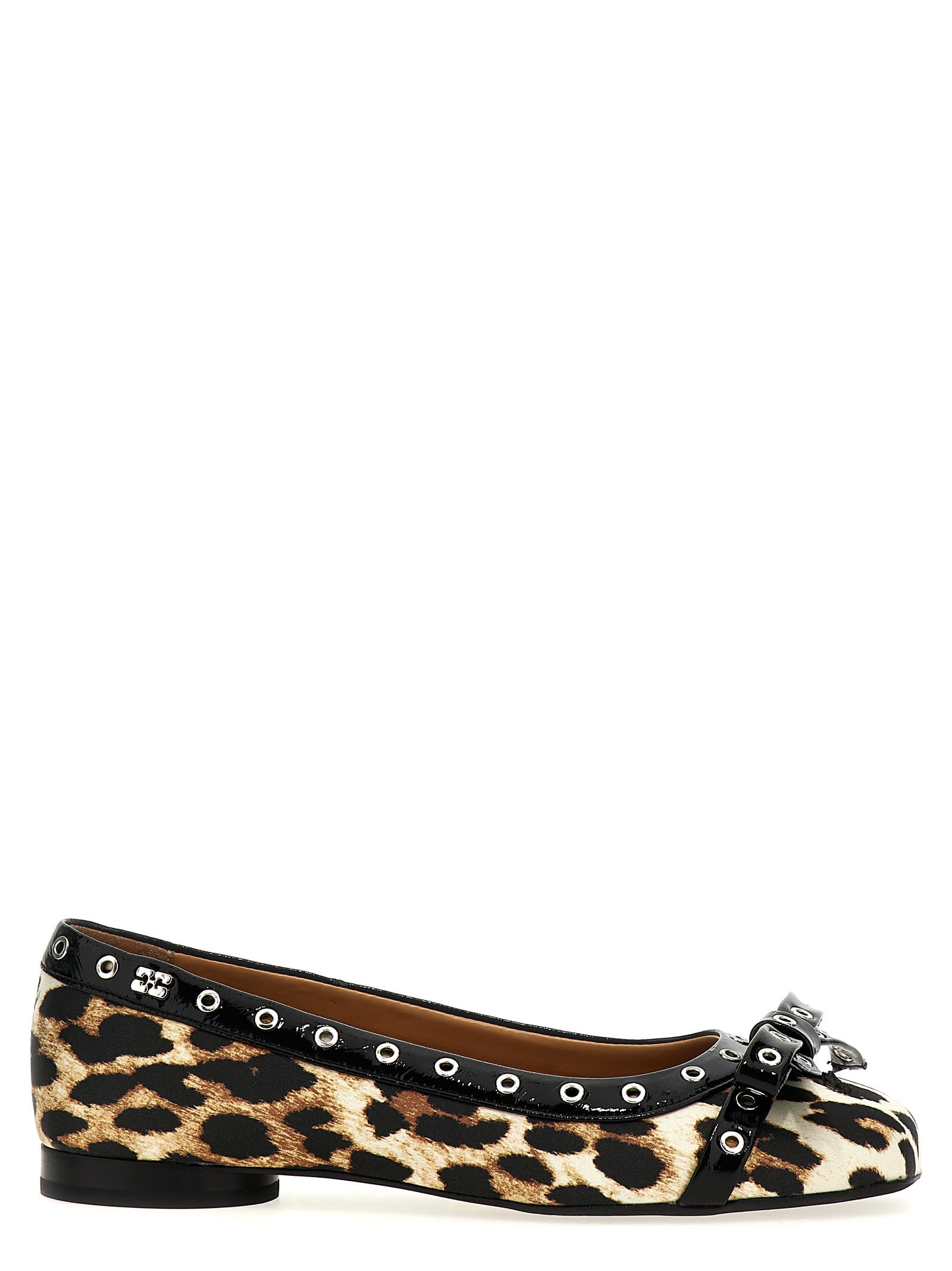 Ganni Leopard Eyelets Bow Ballet Flats