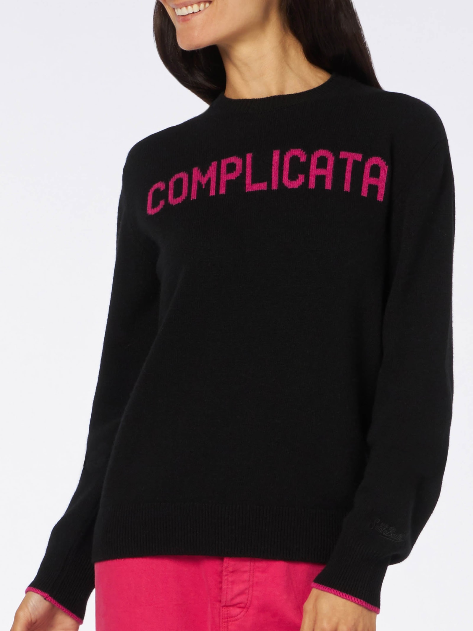 MC2 Saint Barth Woman Crewneck Black Sweater With Complicata Print