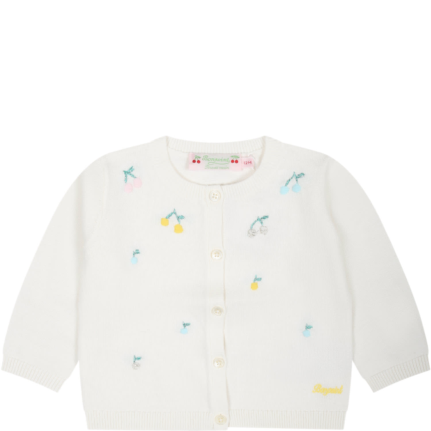 Bonpoint White Cardigan For Baby Girl With All-over Embroidered Cherries