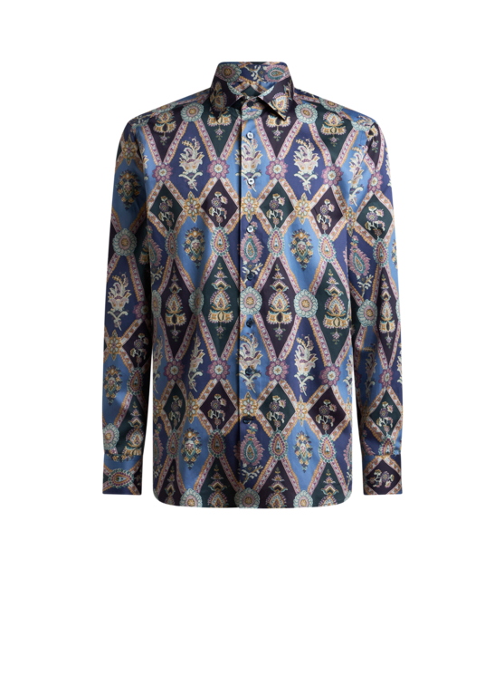 Etro, Chemise En Coton Avec Imprimé All-over, Homme, Bleu, Taille 38