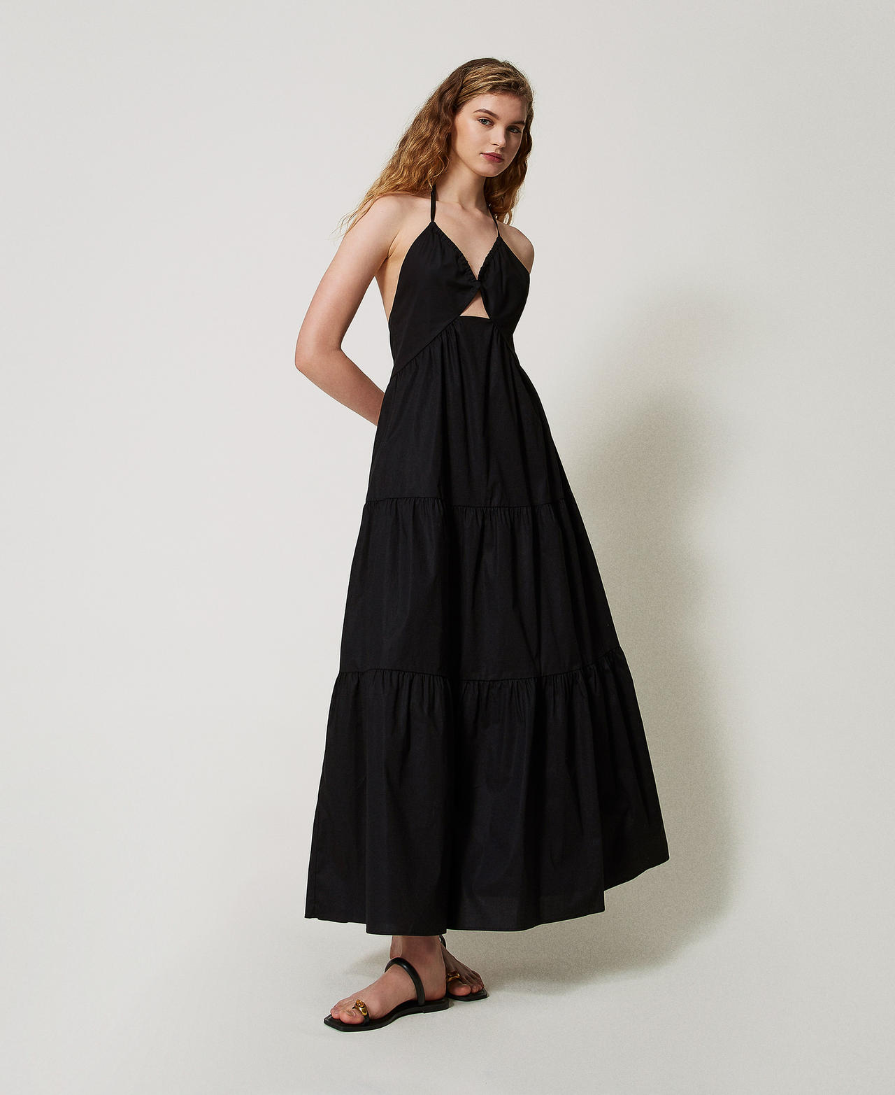 Twinset Robes - Robe longue en popeline avec volants, Noir, Coton, Taille: 38