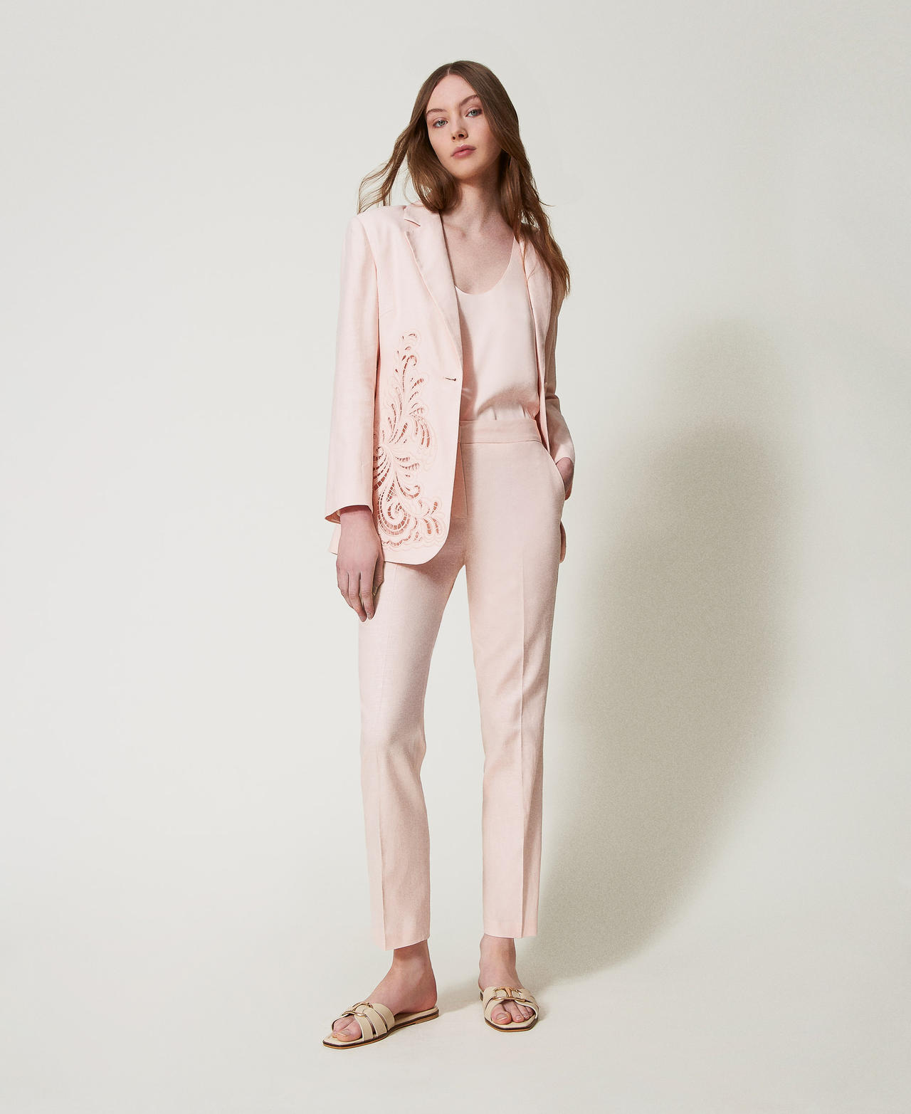 Twinset Pantalons - Pantalon taille basse en lin mélangé, Cupcake Pink, Taille: 38