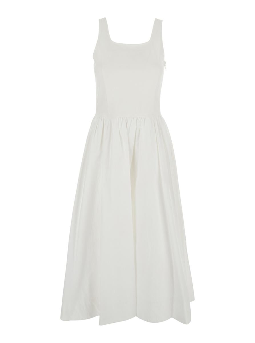 White Dress With Side Zipper Closure And Flared Skirt With Pleated Details In Cotton Blend Woman