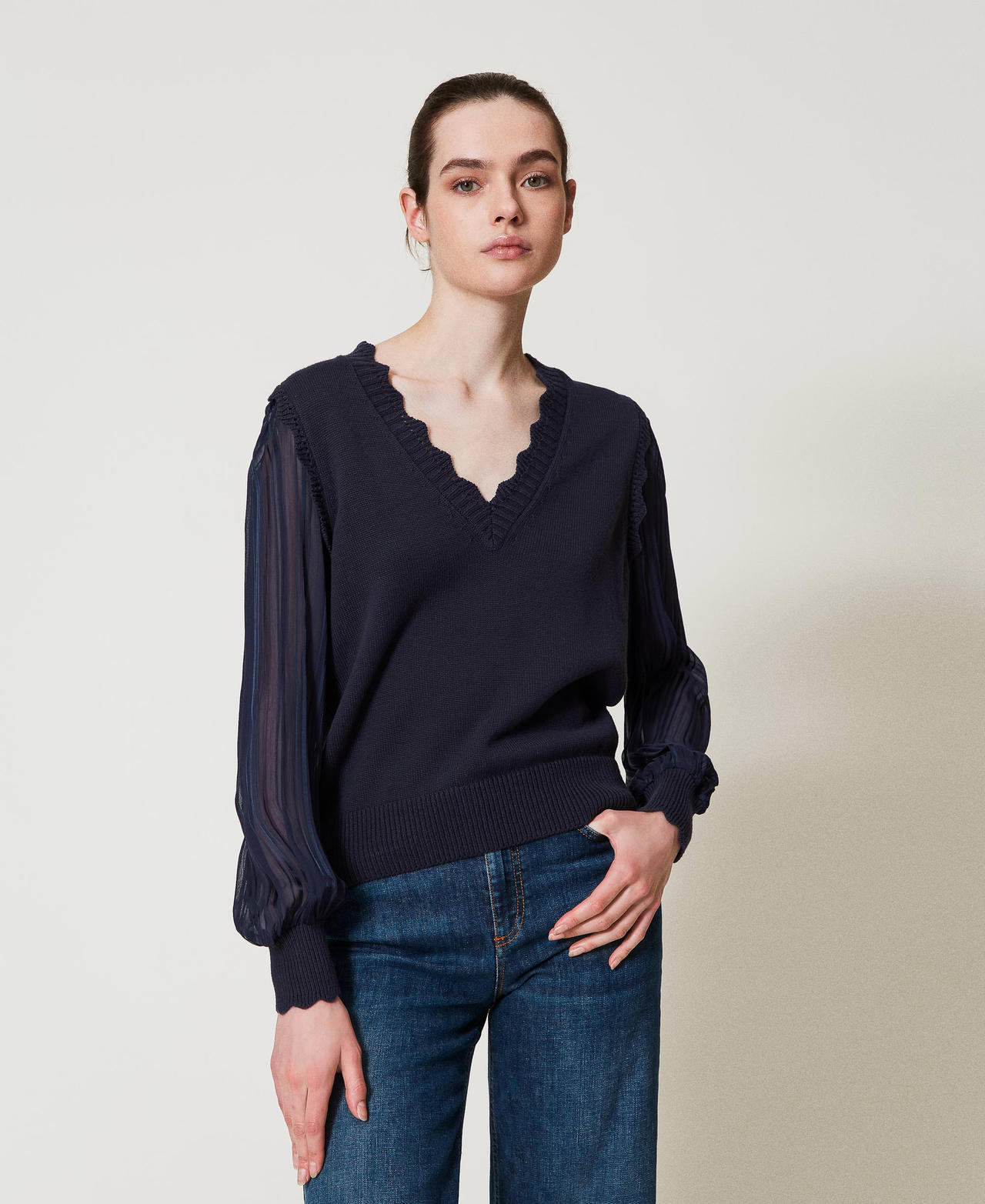 Twinset Pulls - Pull avec manches en crépon rayé, Blue Night, Coton, Taille: L