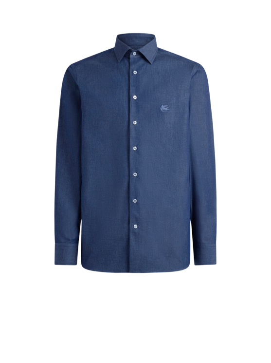 Etro, Chemise En Chambray Avec Logo Etro, Homme, Bleu Marine, Taille 45