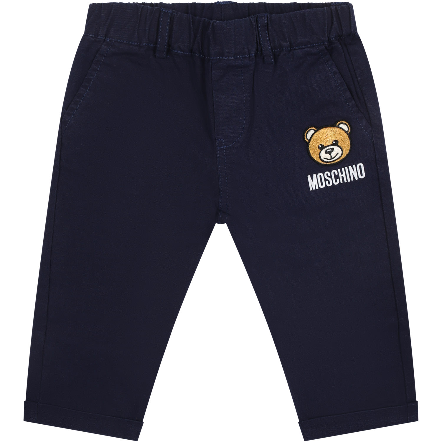 Moschino Blue Trousers For Baby Boy With Teddy Bear And Logo