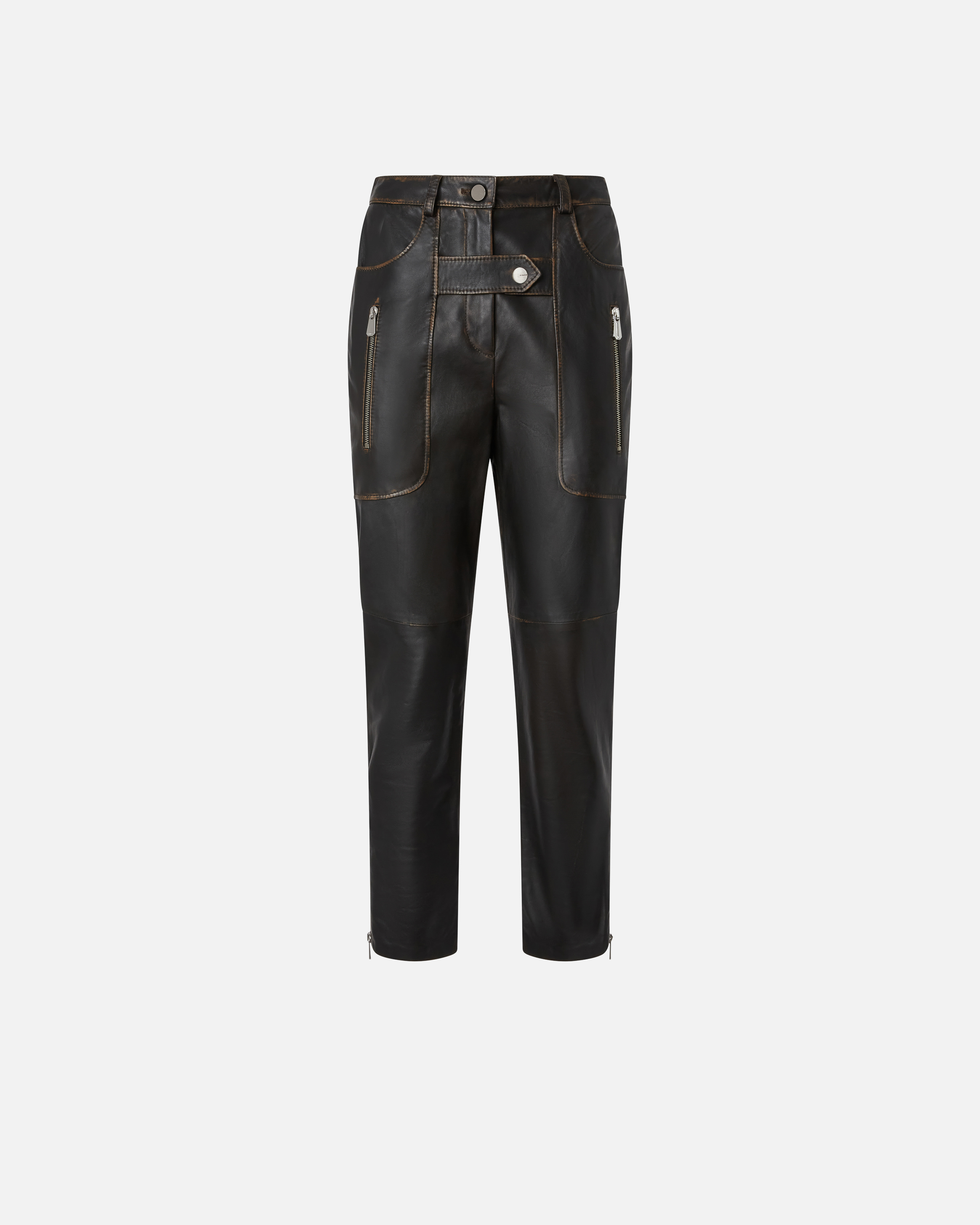 Pinko, Pantalon biker en cuir avec fermeture zippée, Noir caviar, 36