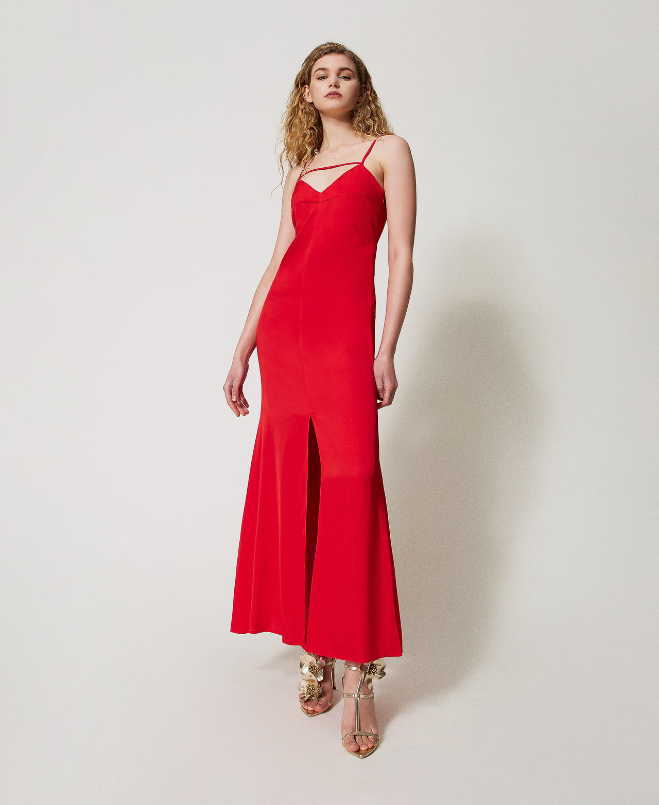 Twinset Robes - Robe longue en crêpe de satin, Hibiscus Red, Taille: 38