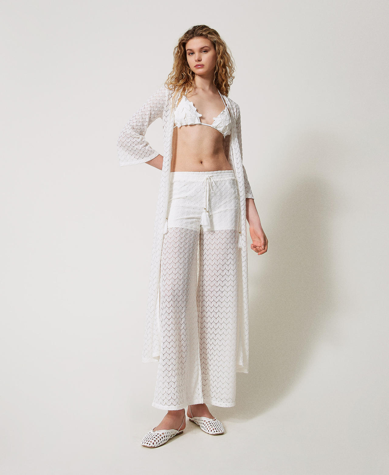 Twinset Plage - Pantalon palazzo en crochet avec cordon de serrage, Blanc Sugar, Taille: L