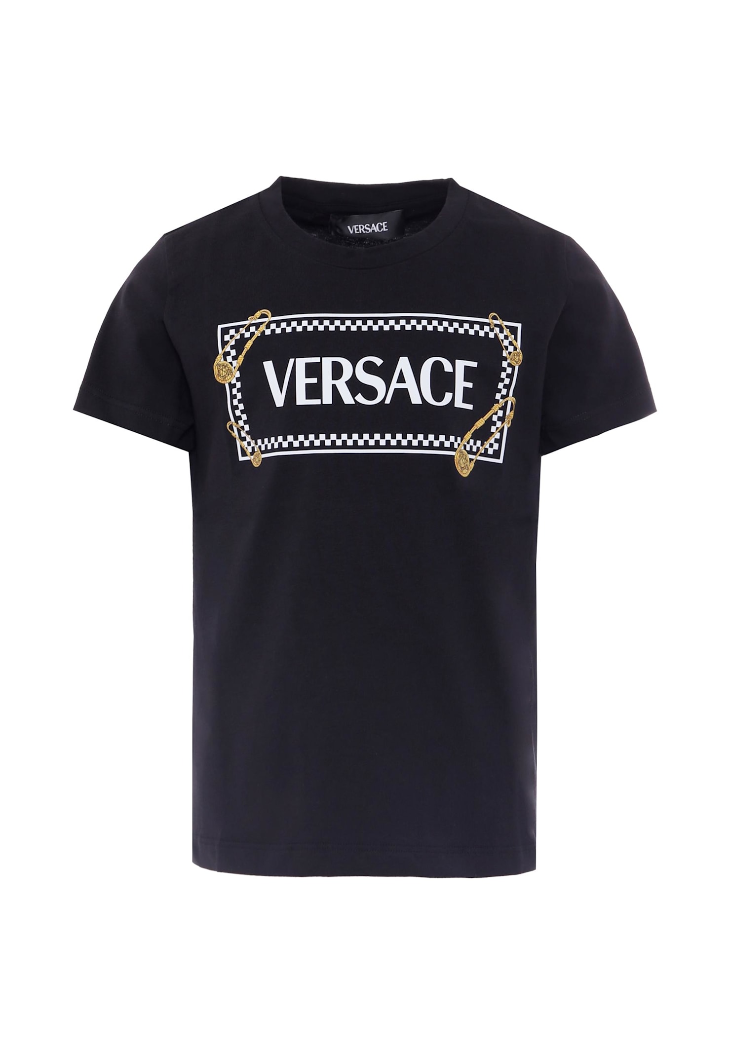 Versace Black T-shirt With 90 Vintage Logo And Pins For Kids