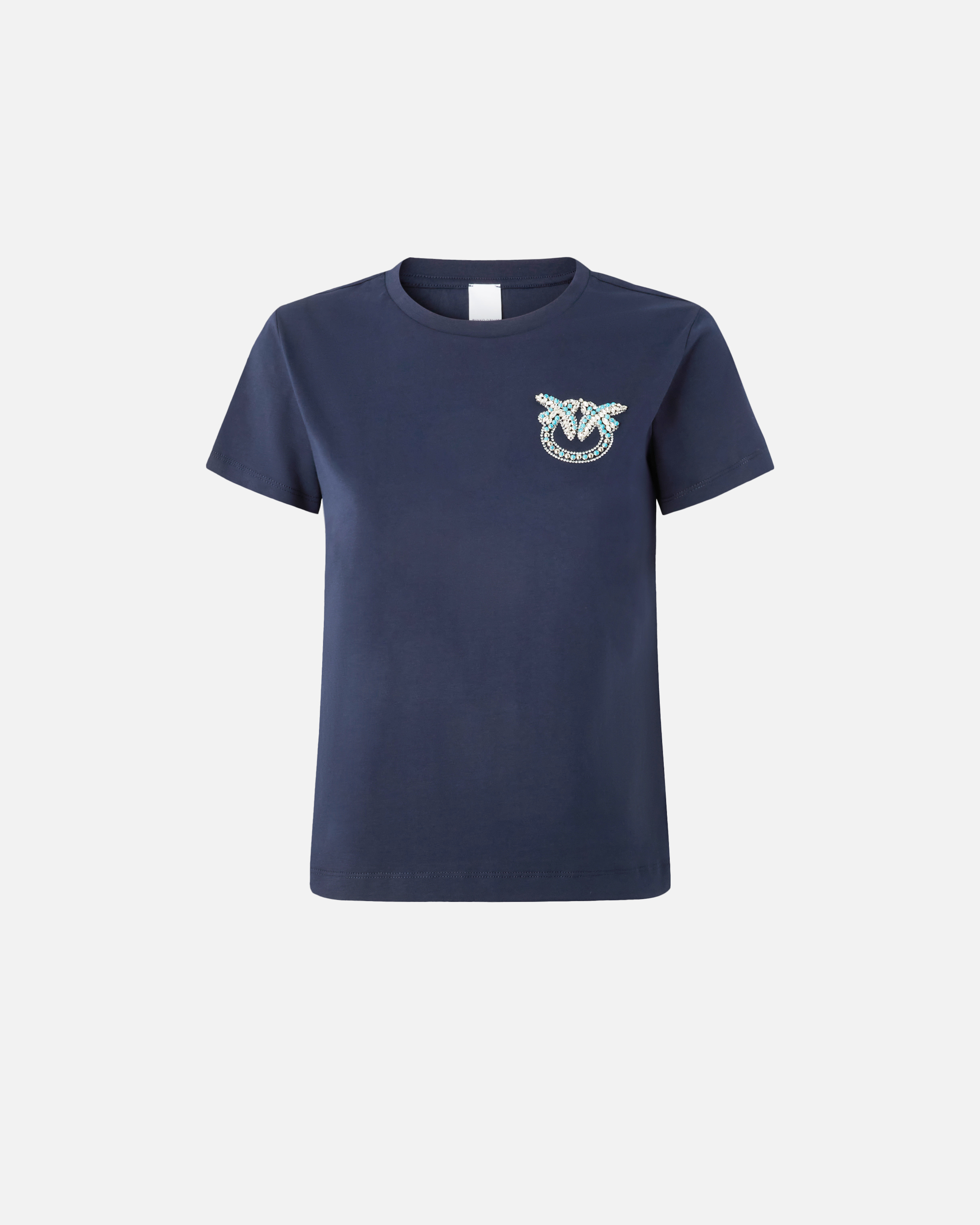 Pinko, T-shirt à manches courtes avec broderie bijou Love Birds, Bleu abysse, XS