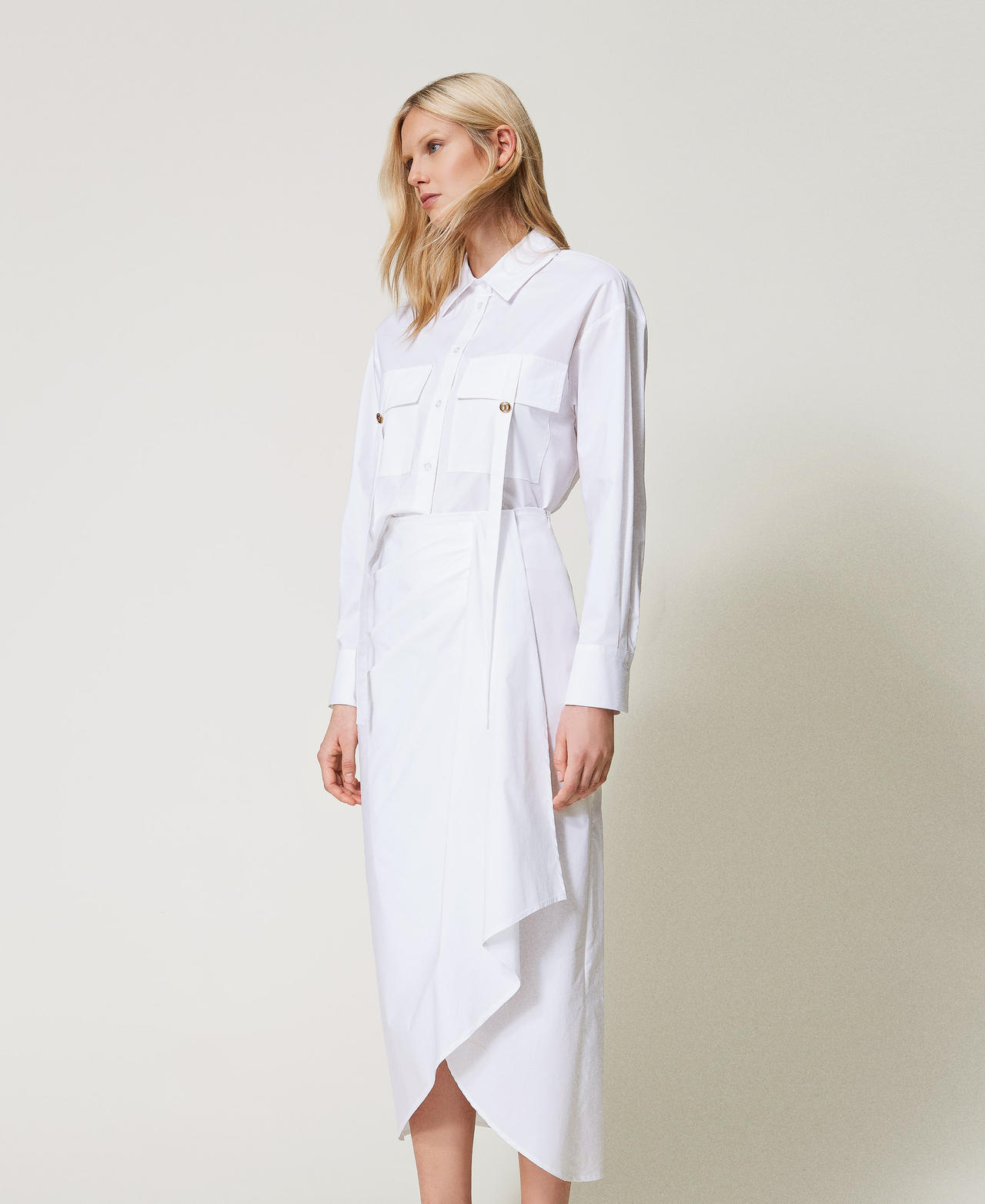 Twinset Jupes - Jupe longue en popeline avec drapé, Blanc, Coton, Taille: 38