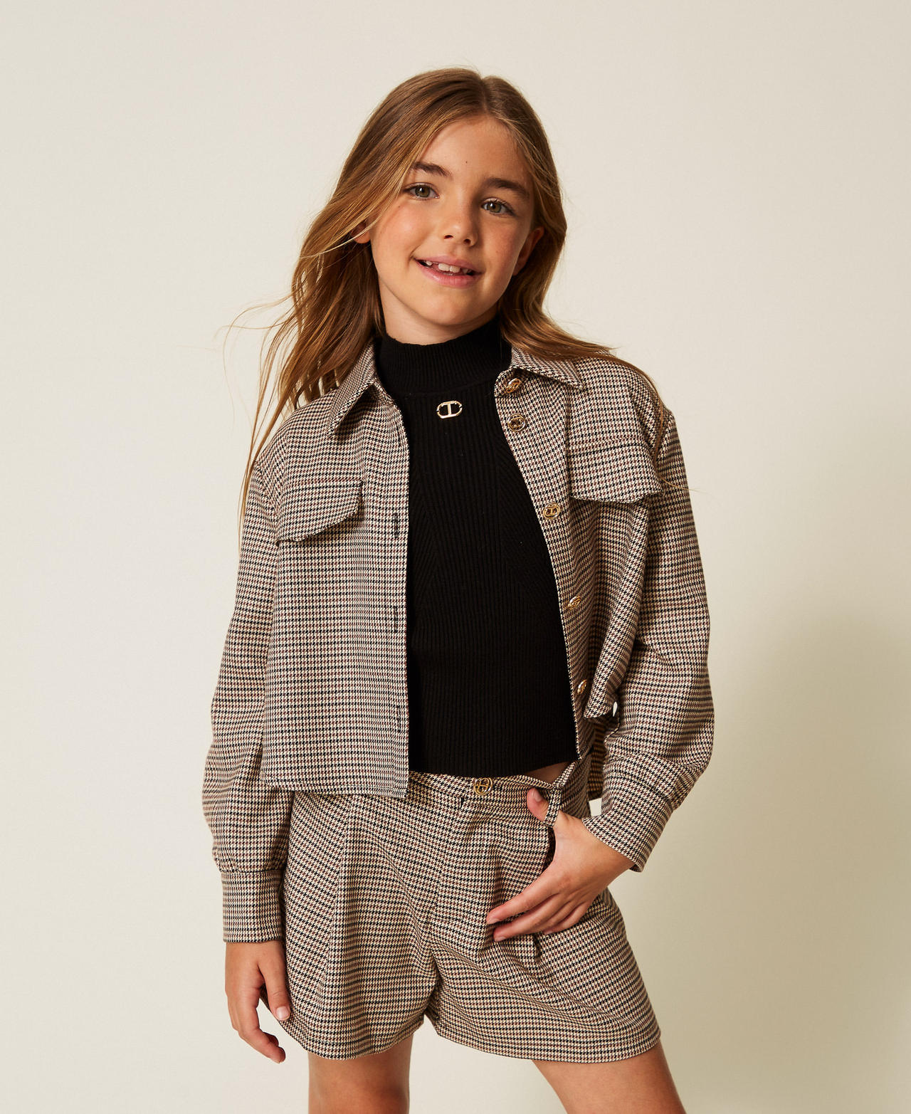 Twinset Chemises - Chemise oversize en pied-de-poule, Pied-de-Poule Camel, À carreaux, Taille: 10A