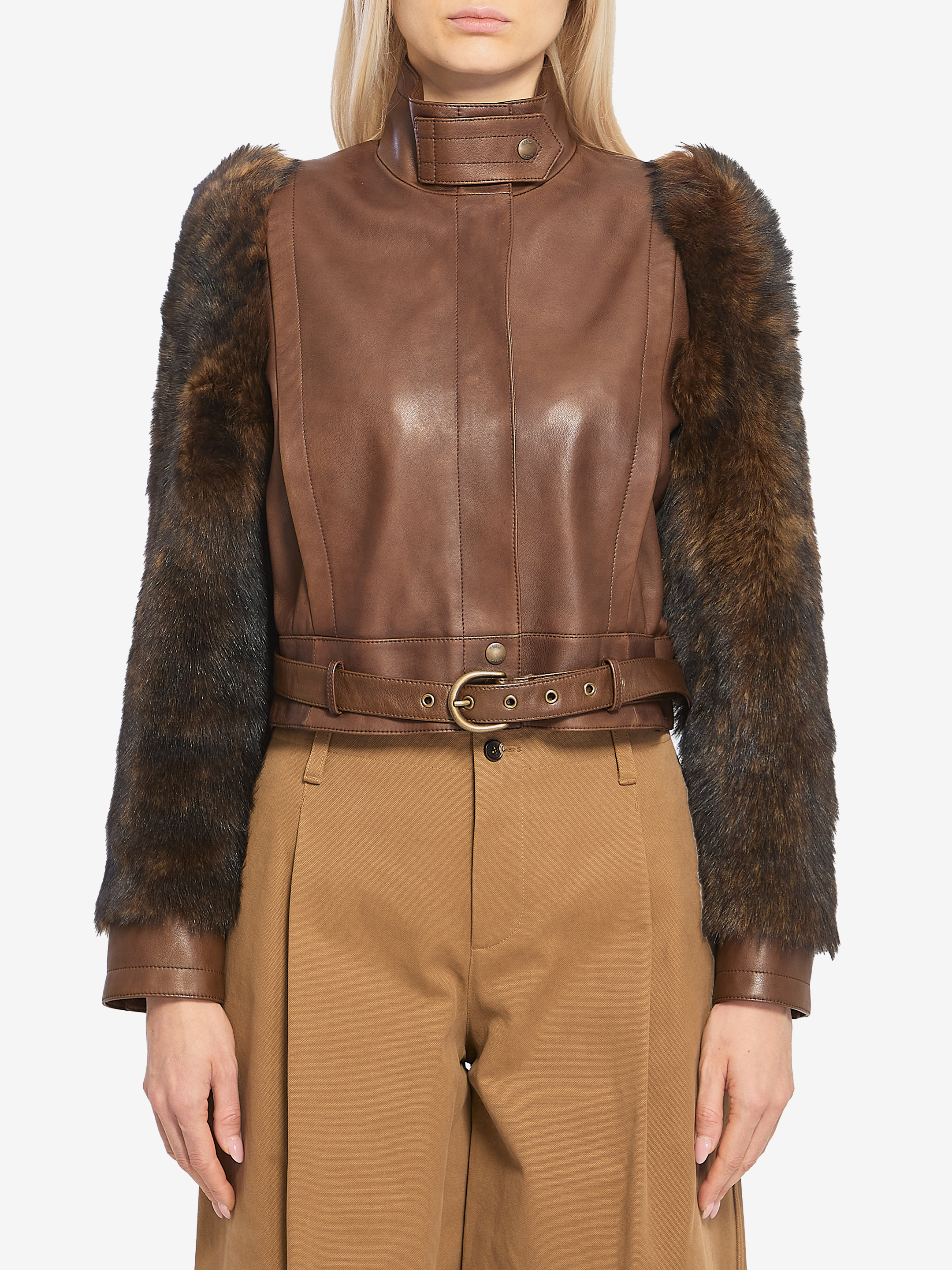 Short highneck leather jacket