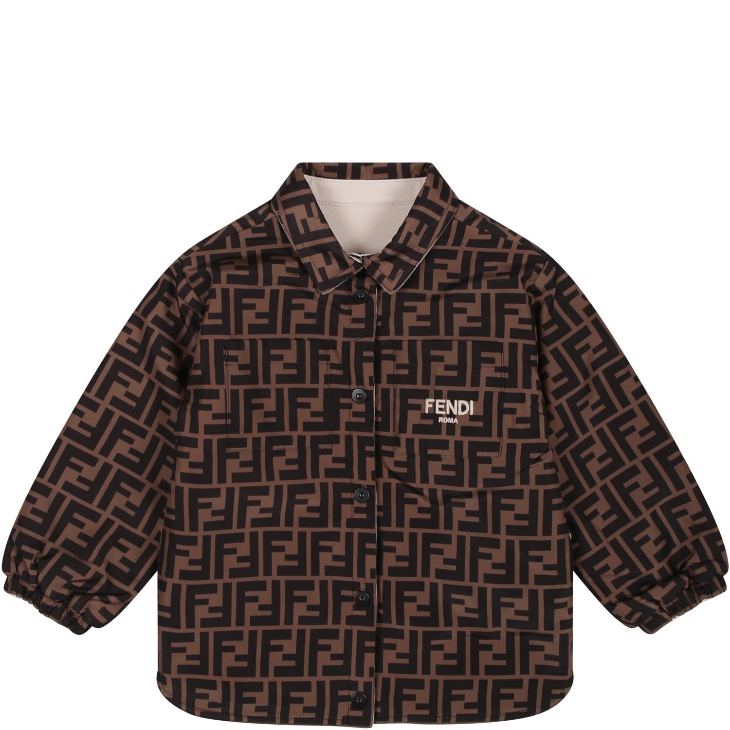 Fendi Reversible Beige Jacket For Baby Boy With Logo And Ff
