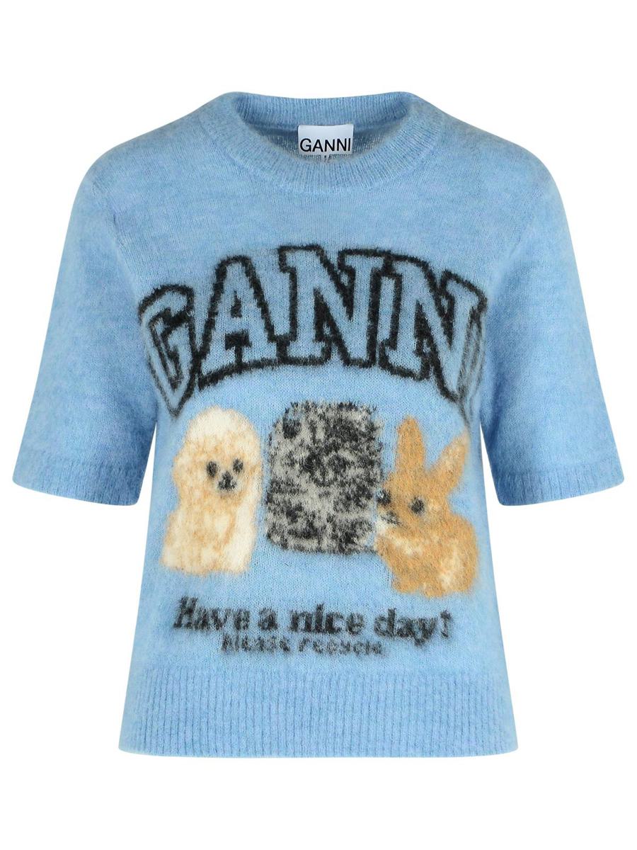 Ganni Alpaca Blend Sweater With Light Blue 'Animalier' Pattern