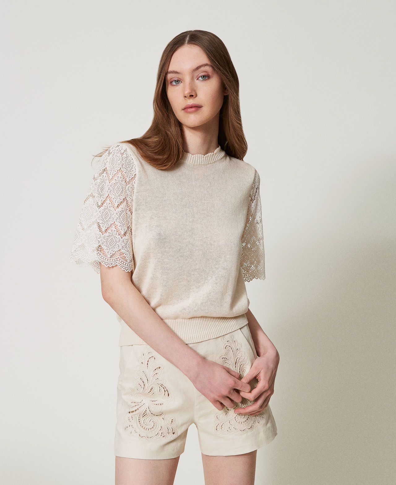 Twinset Pulls - Pull en lin mélangé avec manches jacquard, Delicate Beige, Taille: L