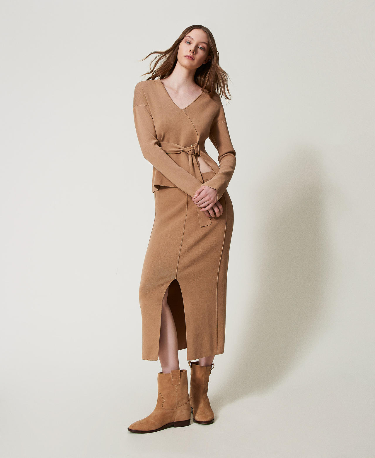 Twinset Pulls - Pull cache-caur en coton mélangé, Brown Box, Taille: M