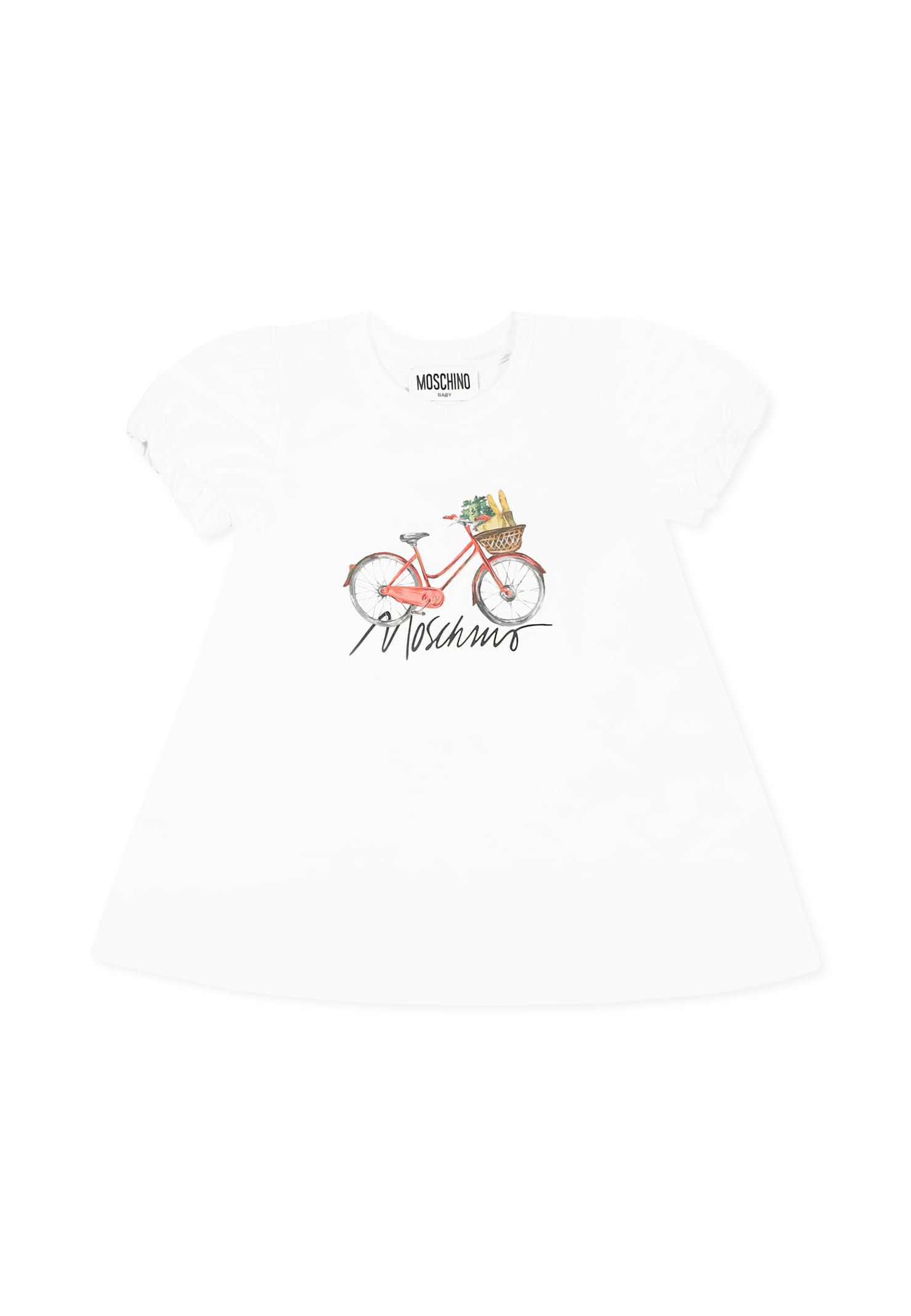 Moschino White Dress For Baby Girl With Bicycle Print